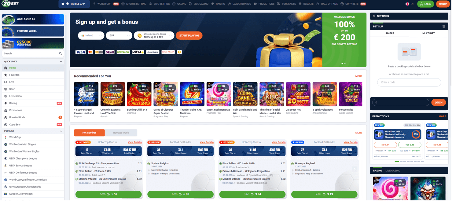 Screenshot of the 20Bet website homepage