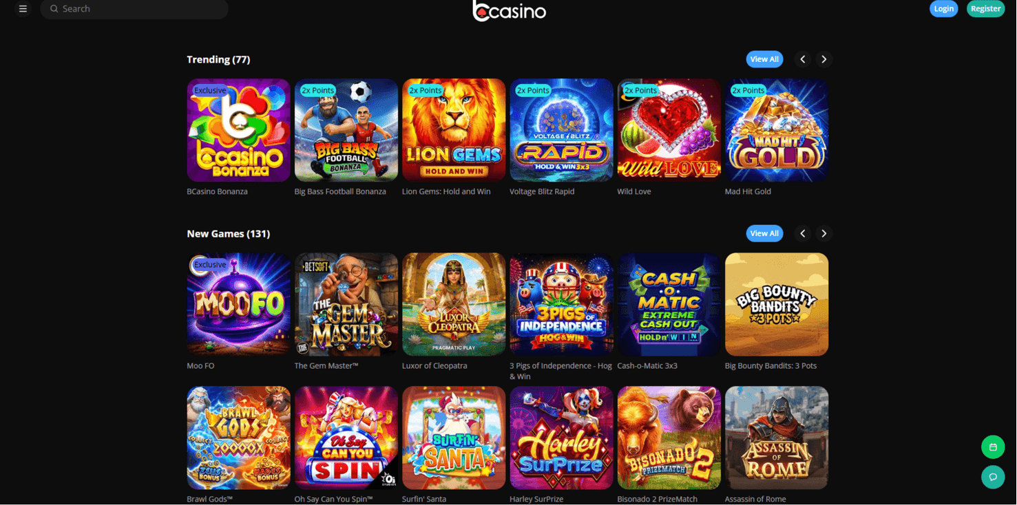 Screenshot of the bCasino website homepage