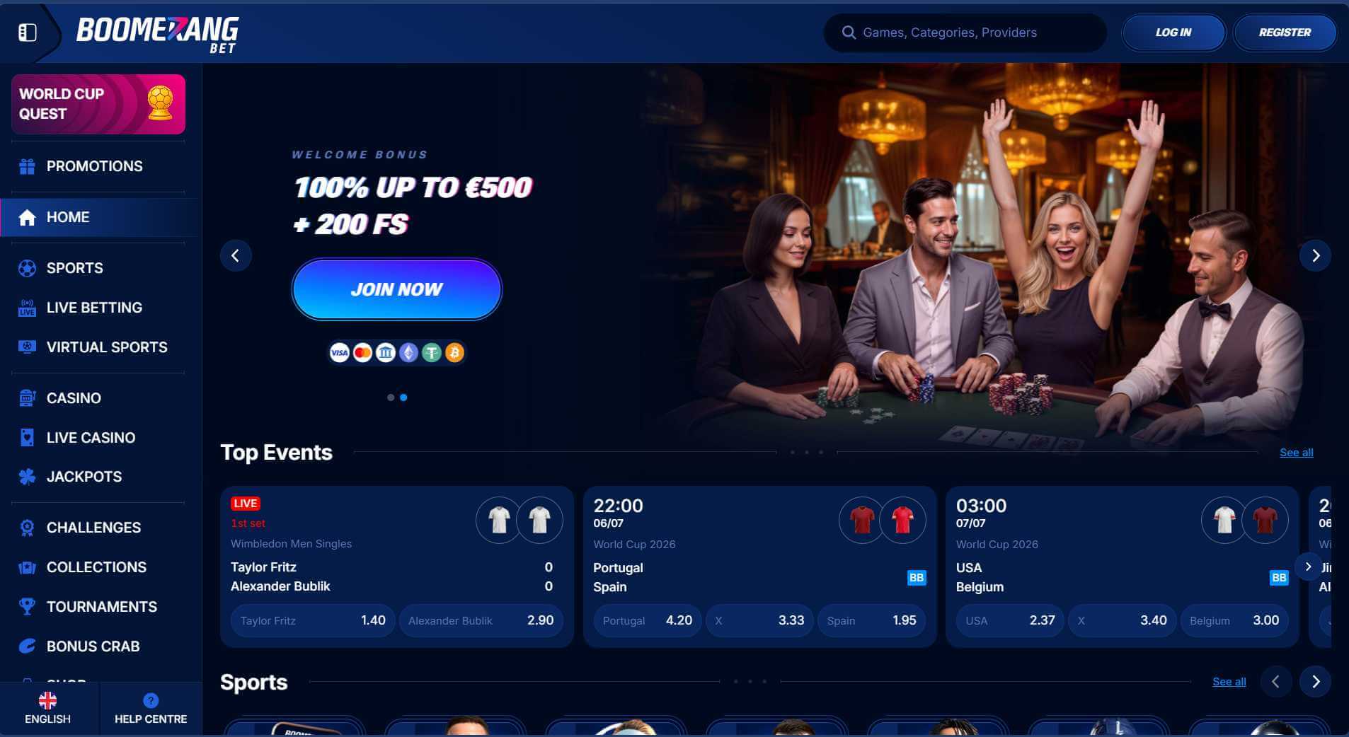 Screenshot of the Boomerang.bet website homepage