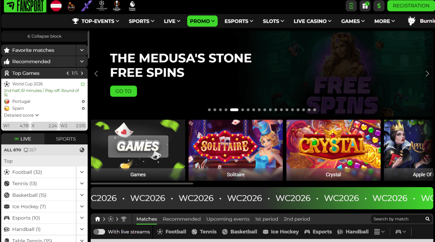 Screenshot of the Fansport Casino website homepage