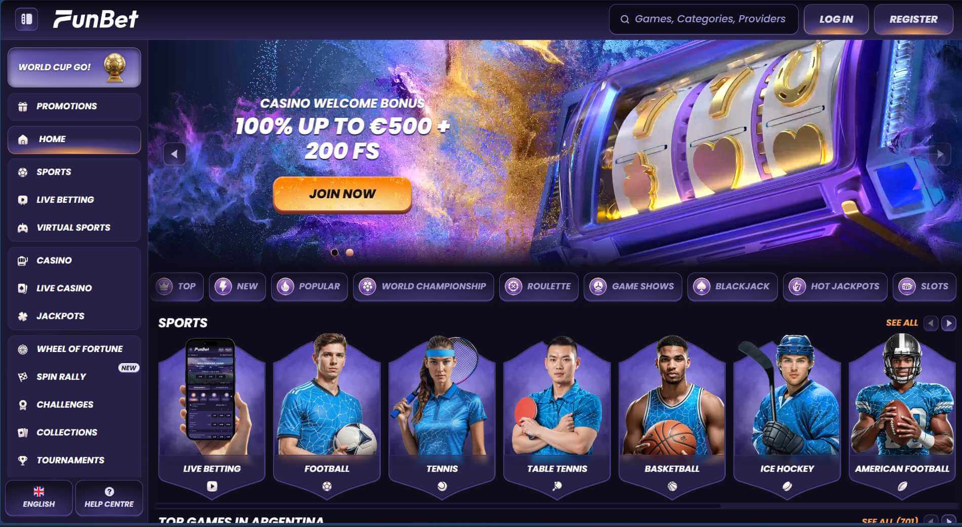 Screenshot of the Funbet website homepage