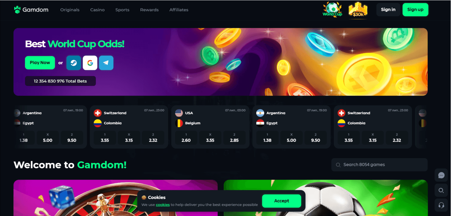 Screenshot of the Gamdom Casino website homepage