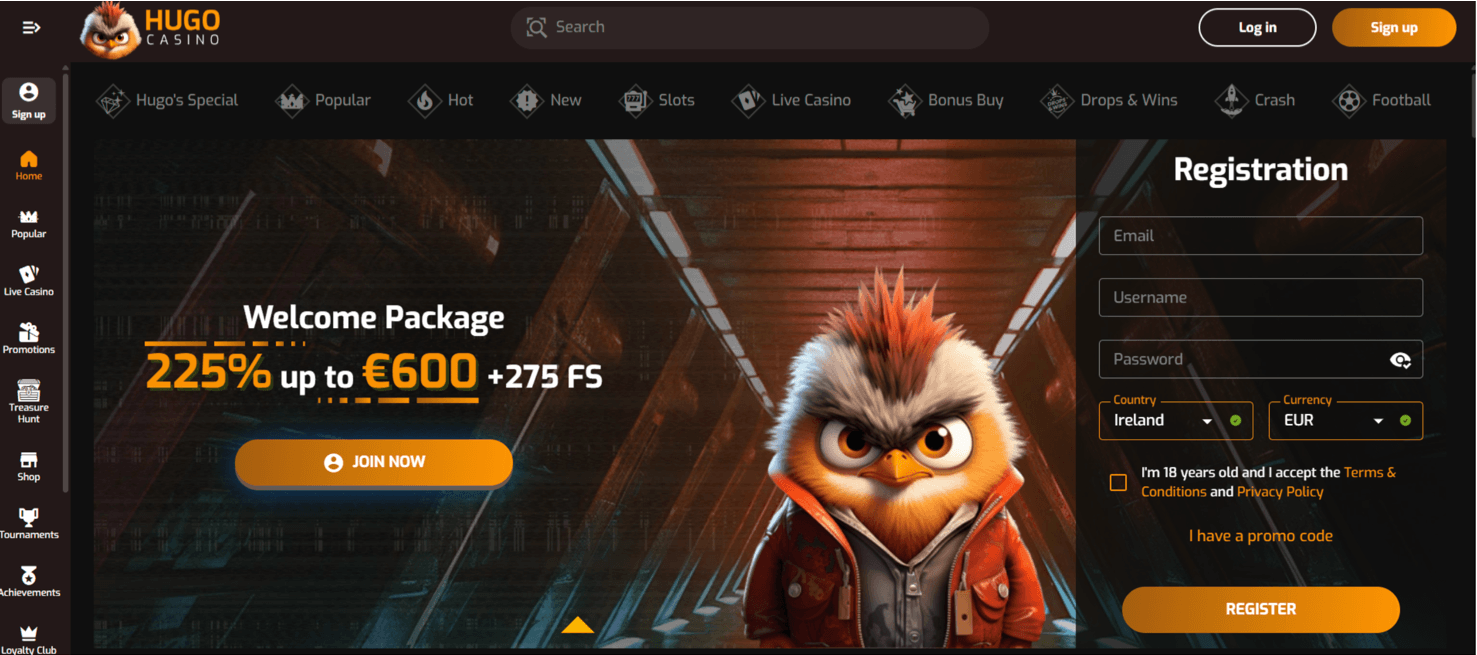 Screenshot of the Hugo Casino website homepage