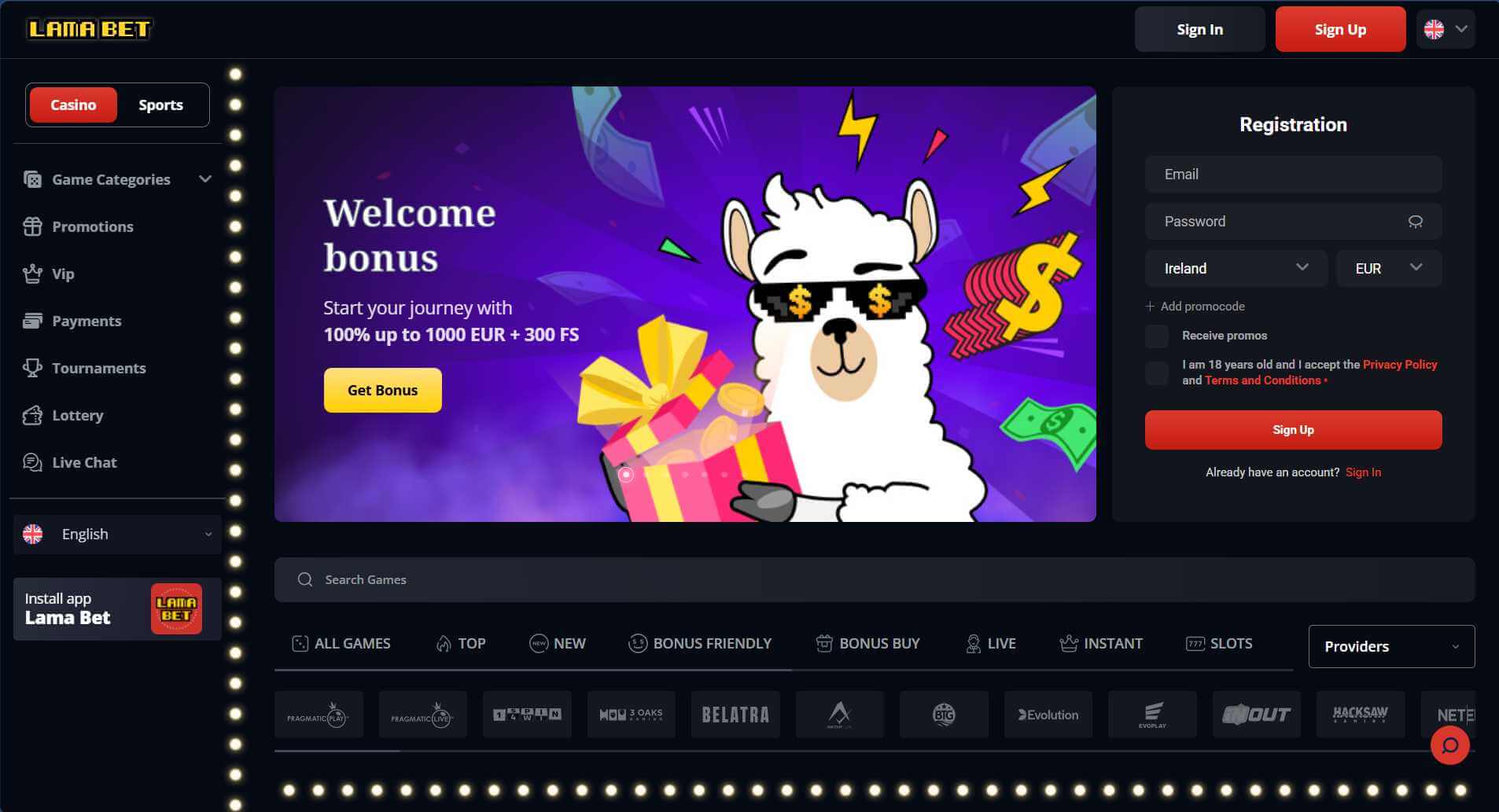 Screenshot of the Lamabet website homepage