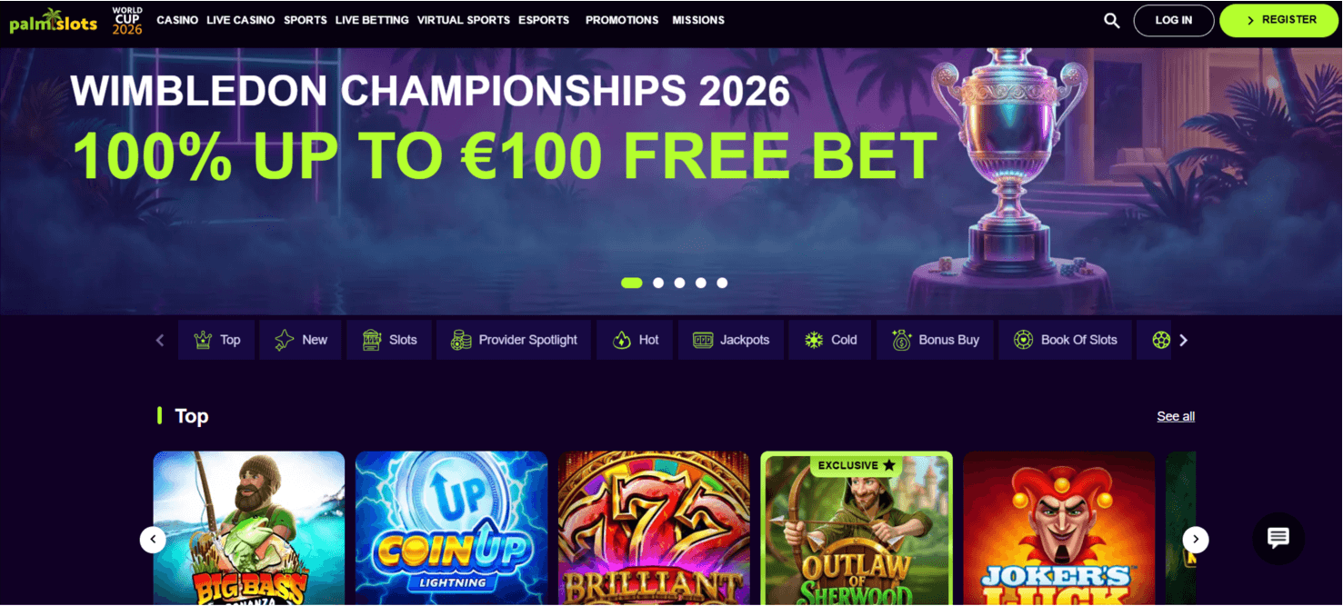 Screenshot of the PalmSlots website homepage