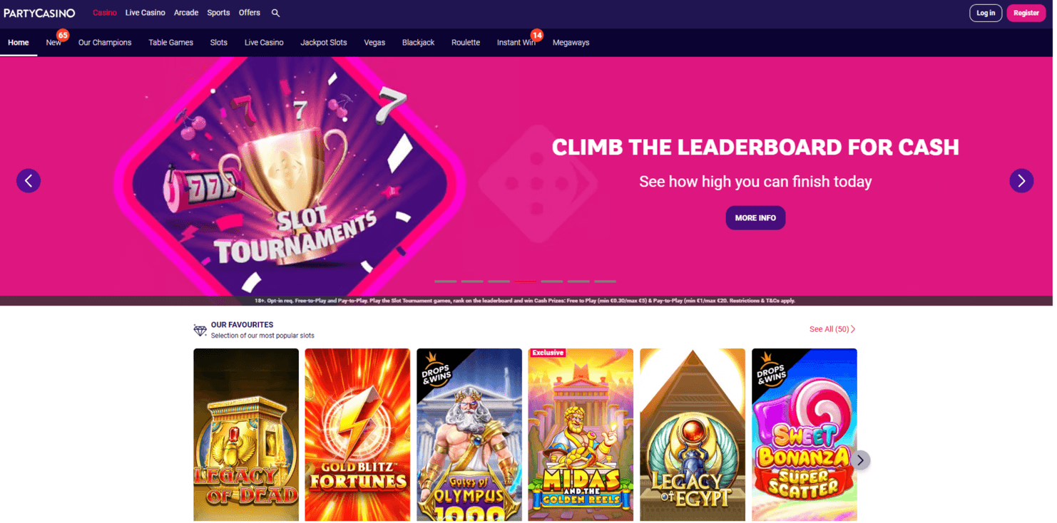Screenshot of the PartyCasino website homepage