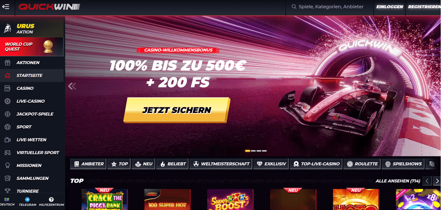 Screenshot of the Quickwin Casino website homepage