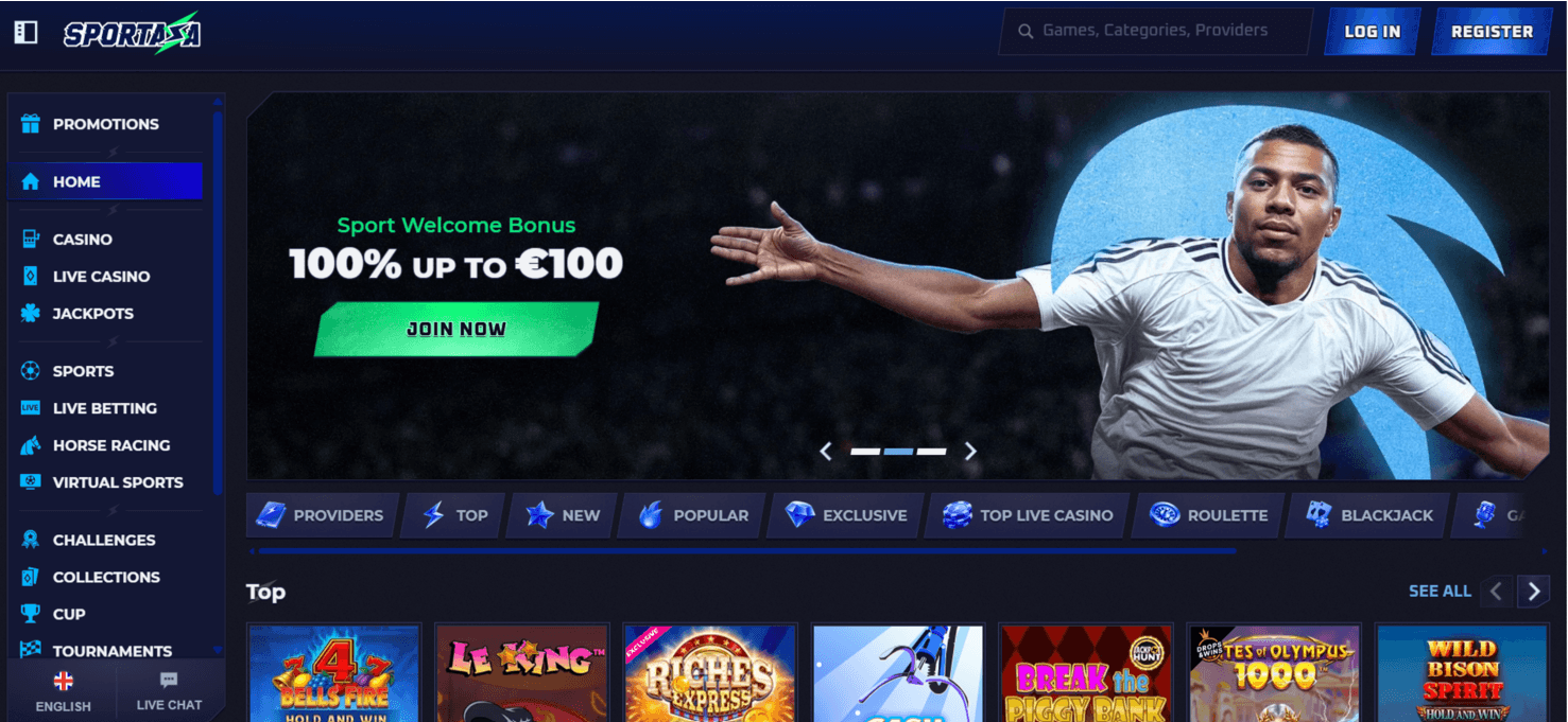 Screenshot of the Sportaza Casino website homepage