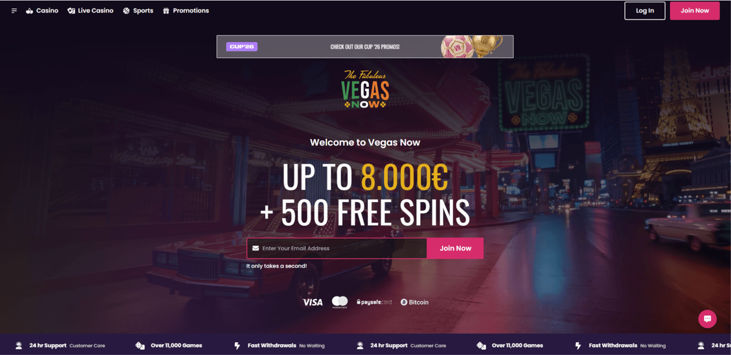 Screenshot of the Vegas Now Casino website homepage