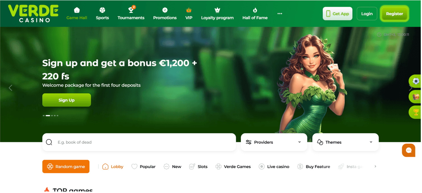 Screenshot of the Verde Casino website homepage
