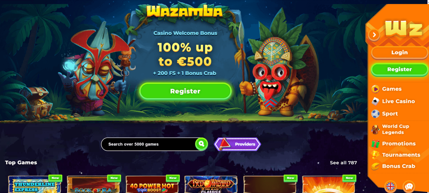 Screenshot of the Wazamba Casino website homepage